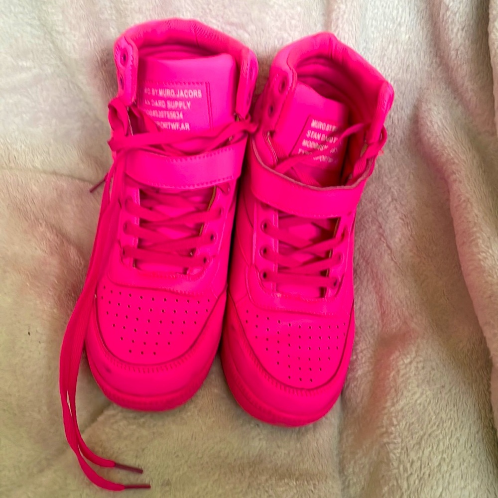 Neon pink wedge sneakers